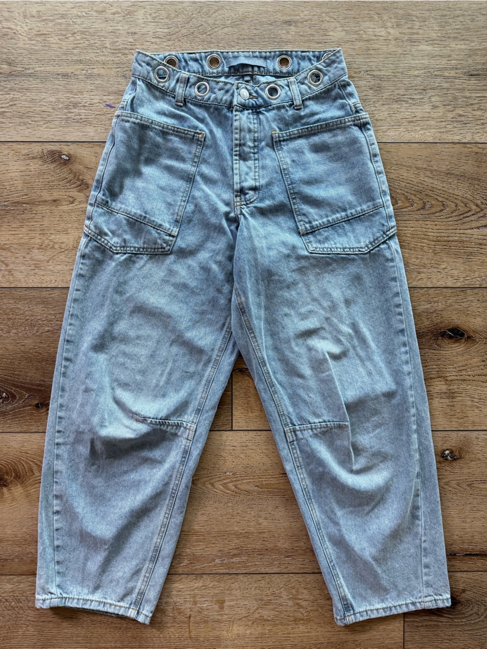 CAbi Barrel Leg Utility Jeans Light Wash Grommet Waist Cropped Size 25